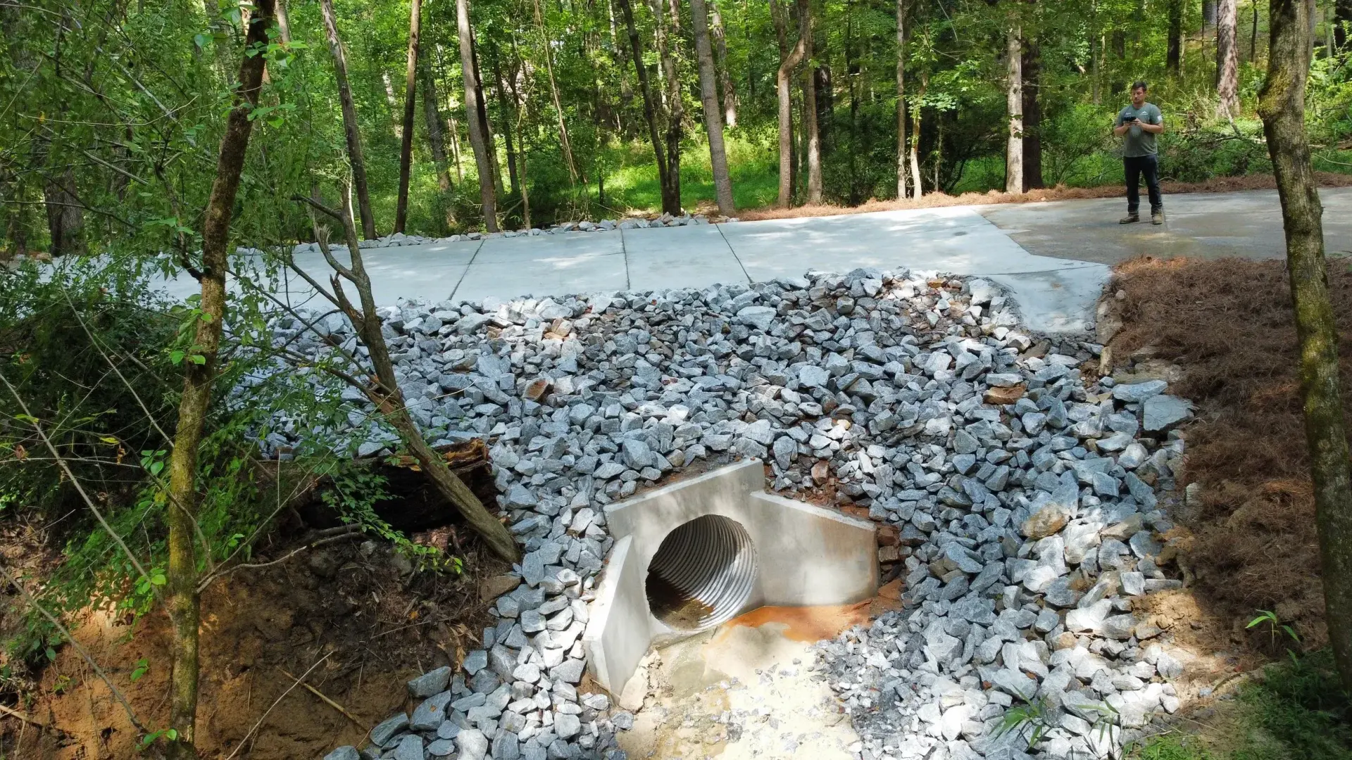 New culvert pipe outlet protected with riprap stone