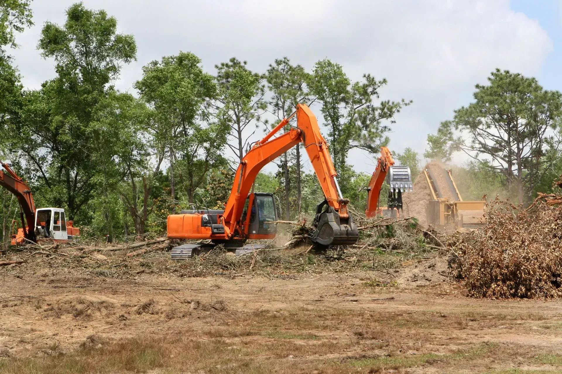 Two excavators clearing brush and stumps from a lot