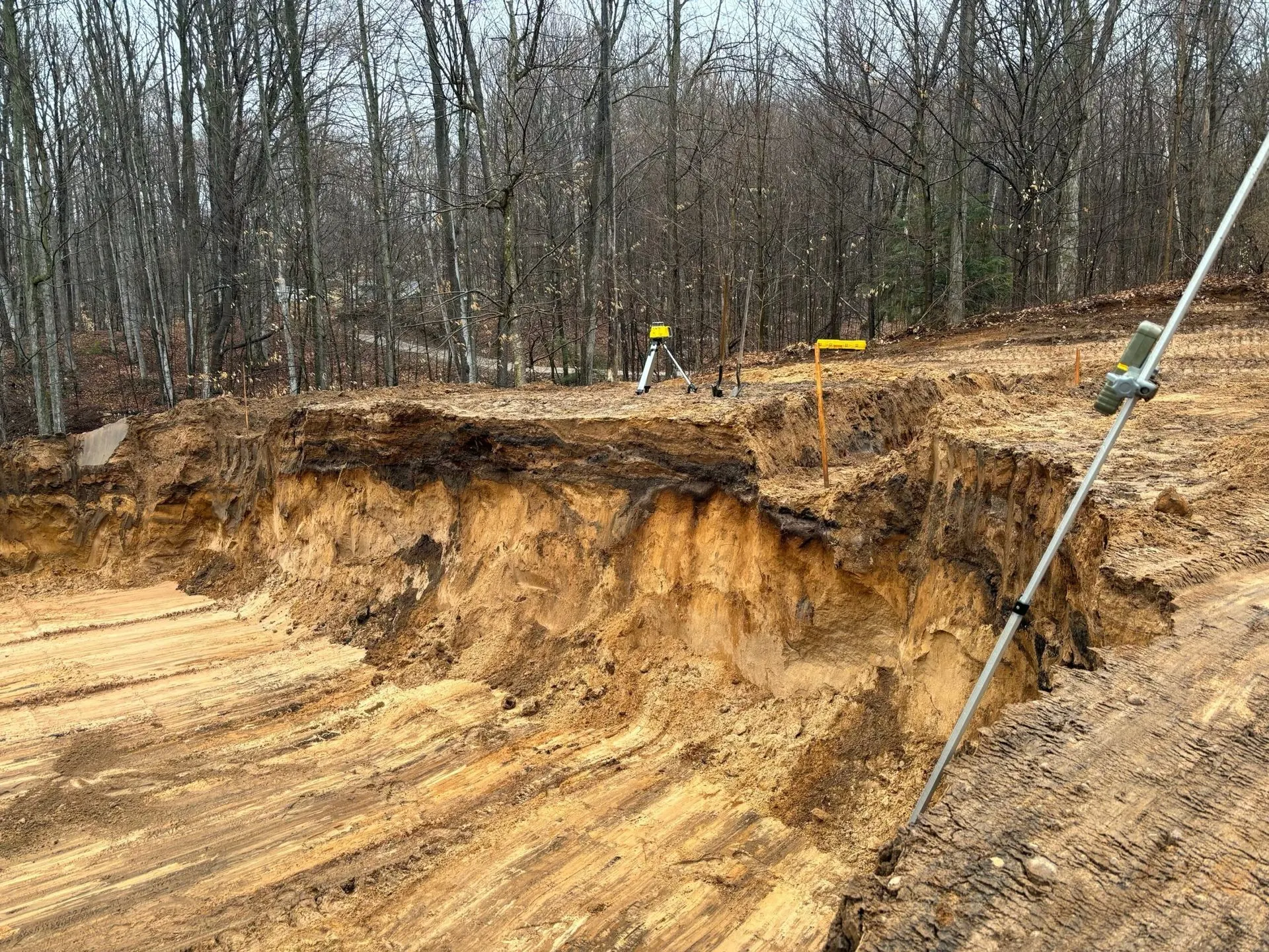 Open basement excavation cut into sandy soil on a wooded lot