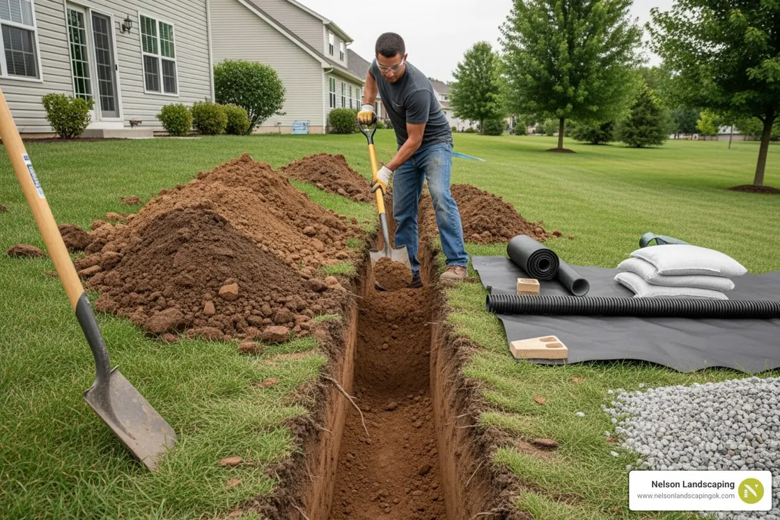 Worker digging a drainage trench through a lawn by hand
