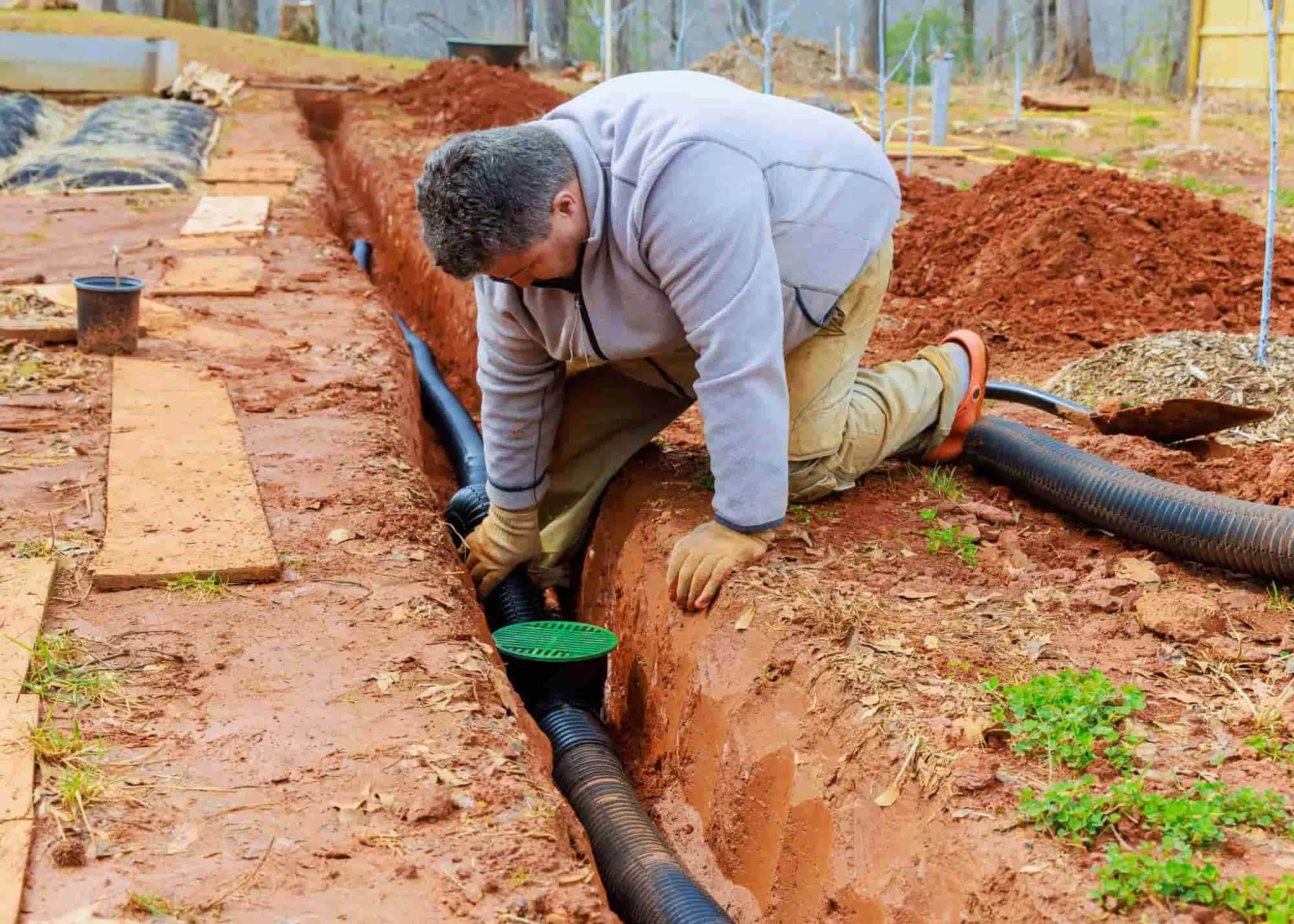 Worker installing corrugated drain pipe in a trench beside a house