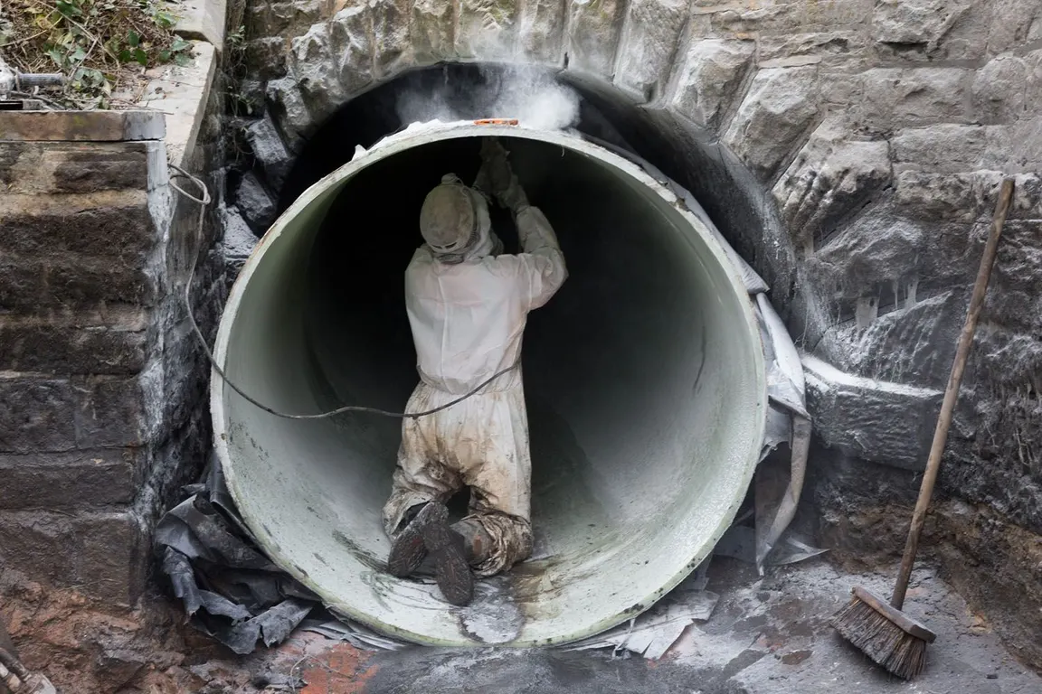 Worker trimming a cured-in-place liner inside a large culvert pipe